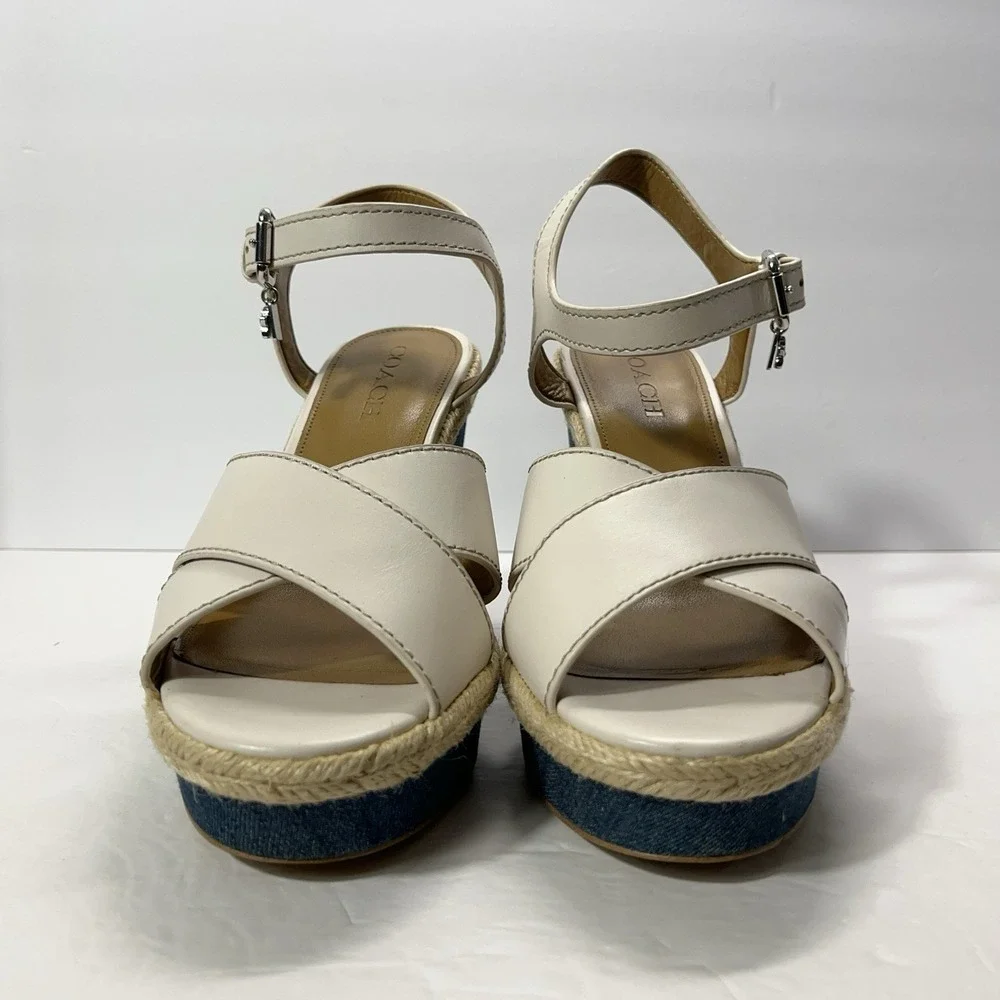 Coach Womens Eaton Chalk Ivory Leather Denim Wedge Platform Sandals Charm 9